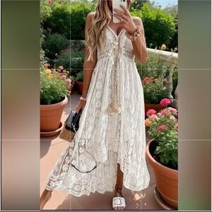 Women's Lace Hollow Out Tassel Trim V Neck Bohemian Maxi Dress 4XL